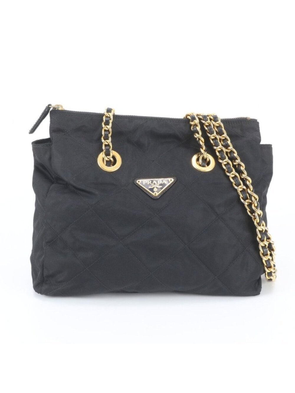 Prada Tessuto Nylon Triangle Logo Chain Leather Shoulder Bag Crossbody Black